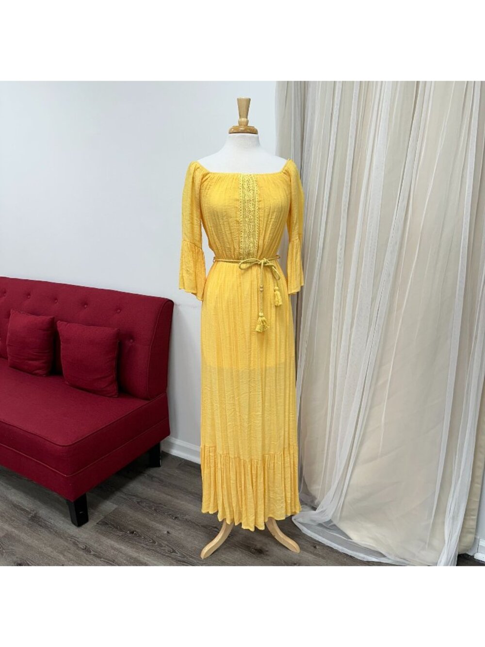 Yellow Medium Summer 3/4 Sleeve Stretchy Sundress Boho Beach Cover Up